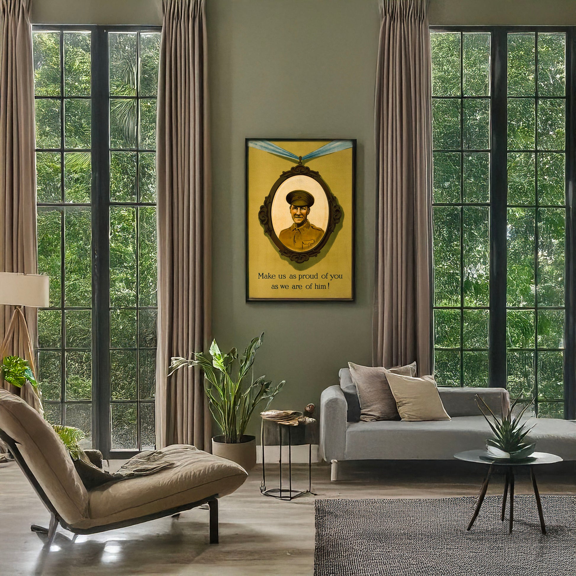 A picture of Make us as proud of you as we are of him!, a mockup of the print leaning against a wall