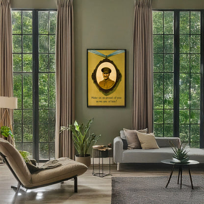 A picture of Make us as proud of you as we are of him!, a mockup of the print leaning against a wall
