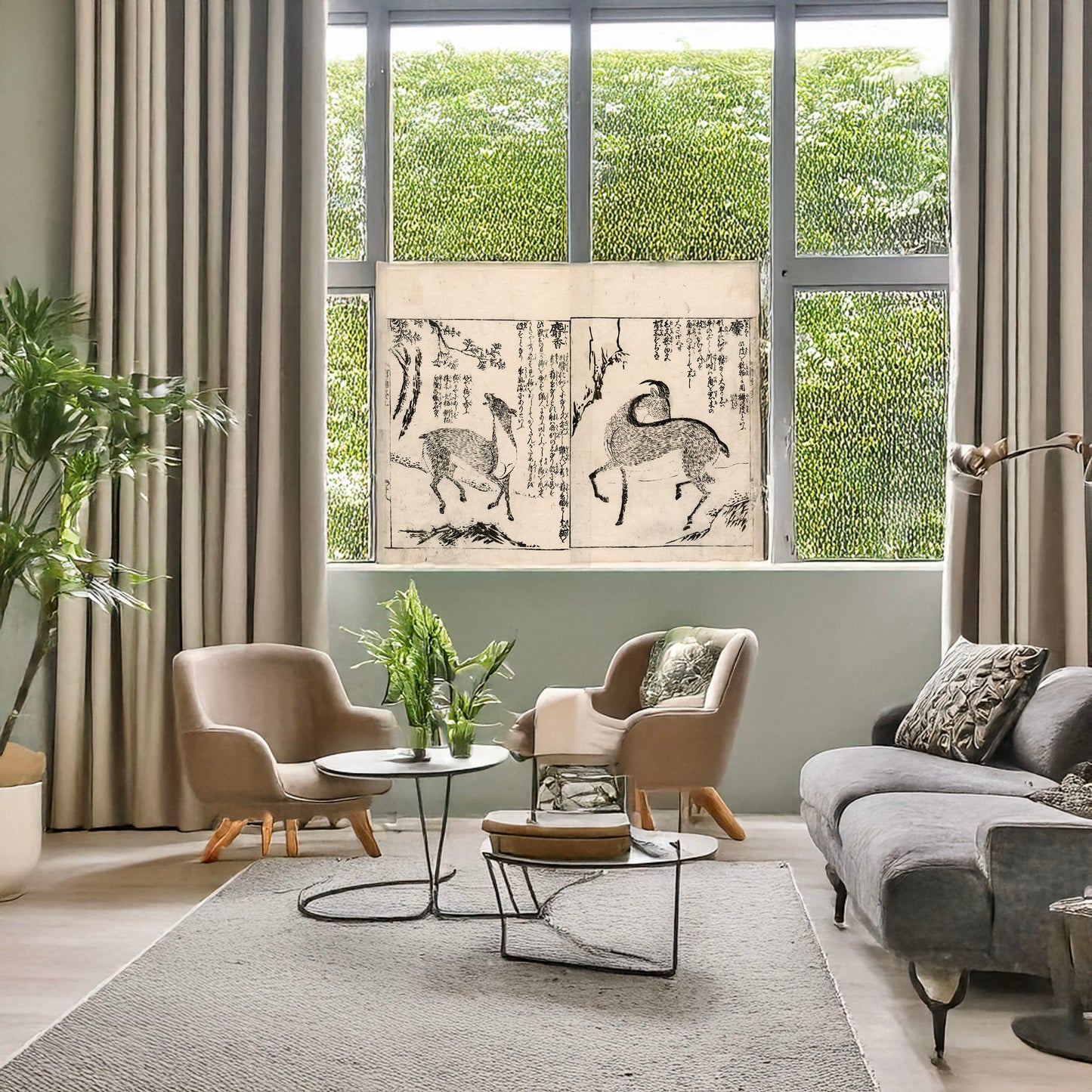 A picture of Male and female musk deer, a mockup of the print leaning against a wall