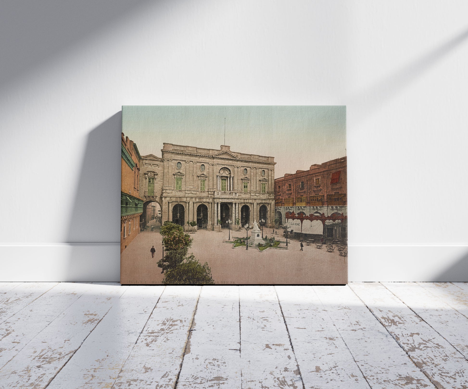 A picture of Malta. Biblioteca e Caffé della Regina, a mockup of the print leaning against a wall