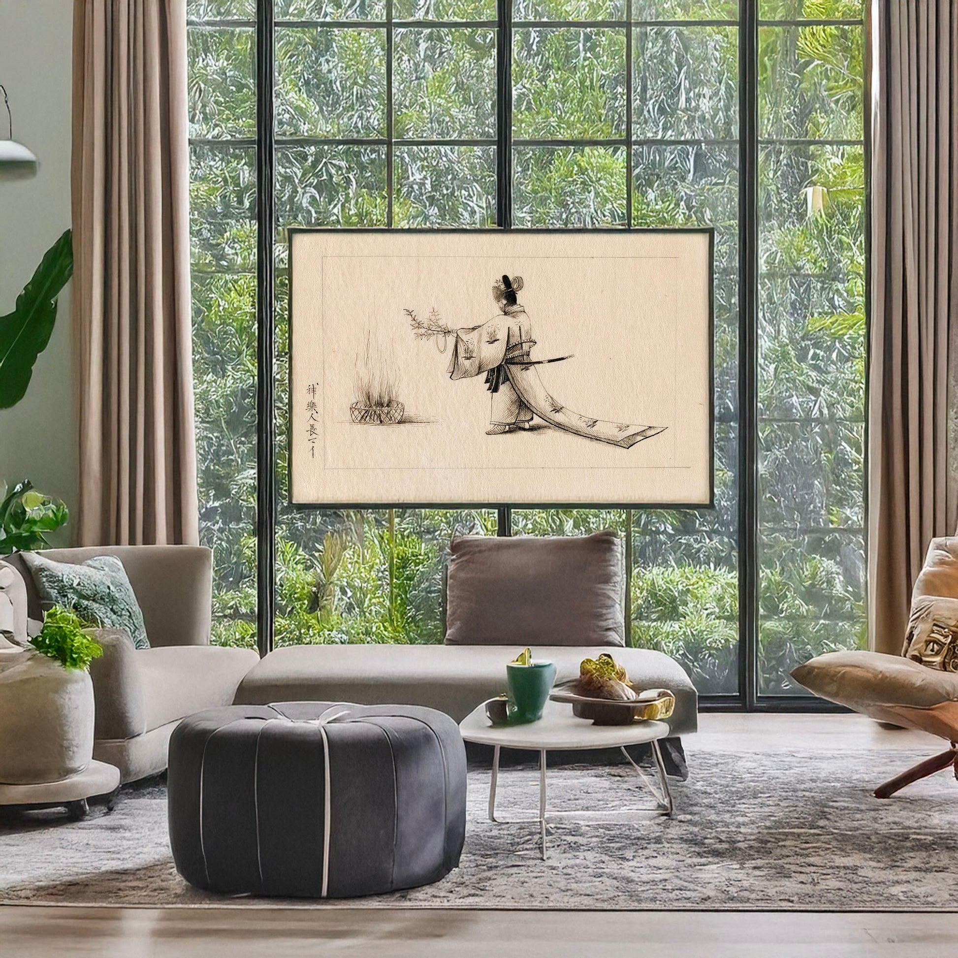 A picture of Man wearing a sokutai, a long ceremonial robe, offering branches to a fire, a mockup of the print leaning against a wall