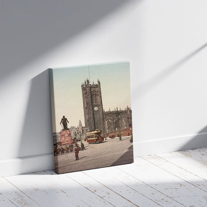 A picture of Manchester Cathedral, a mockup of the print leaning against a wall