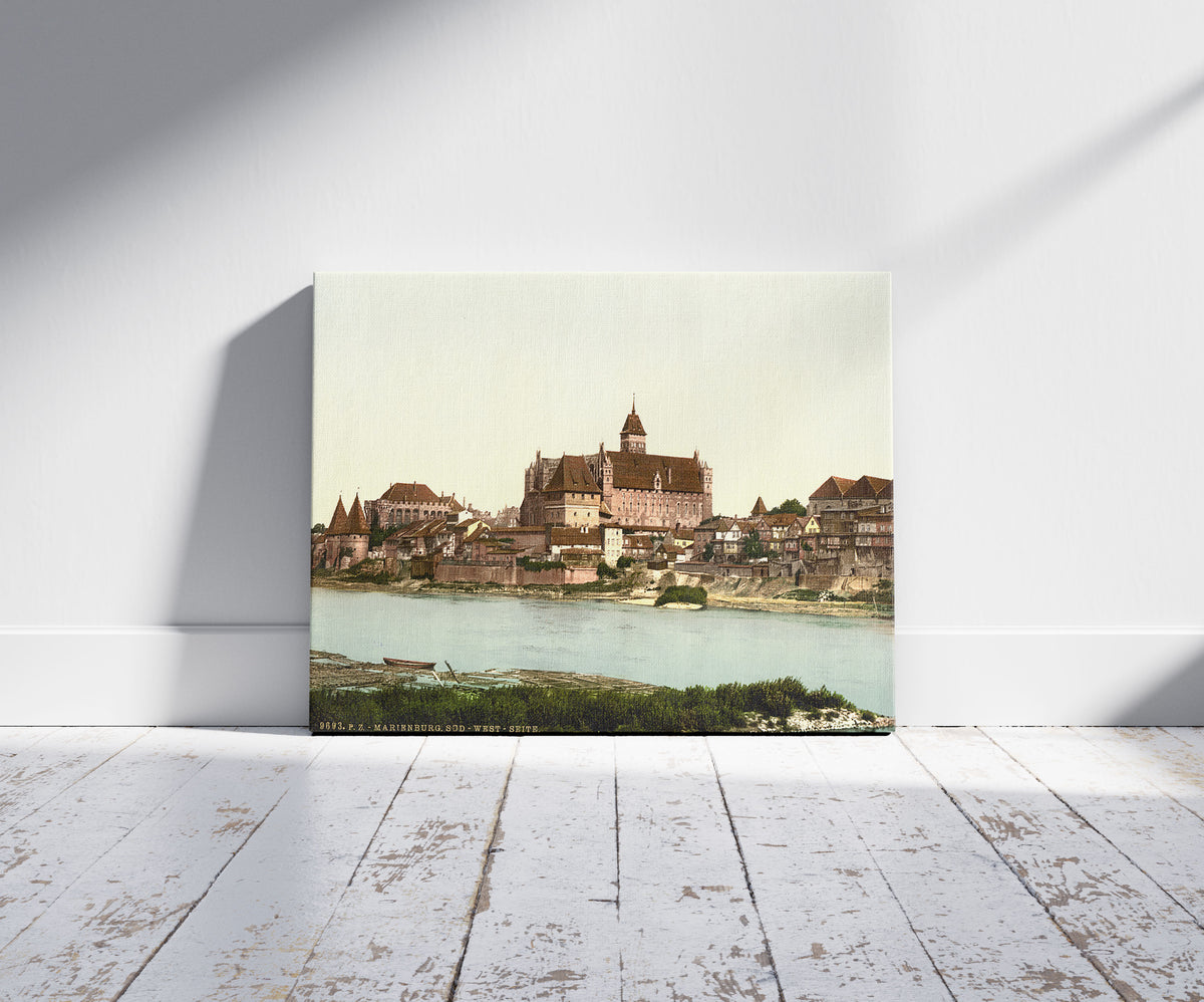 A picture of Marienburg, southwest side, Prussia, Germany (i.e., Malbork, Poland), a mockup of the print leaning against a wall