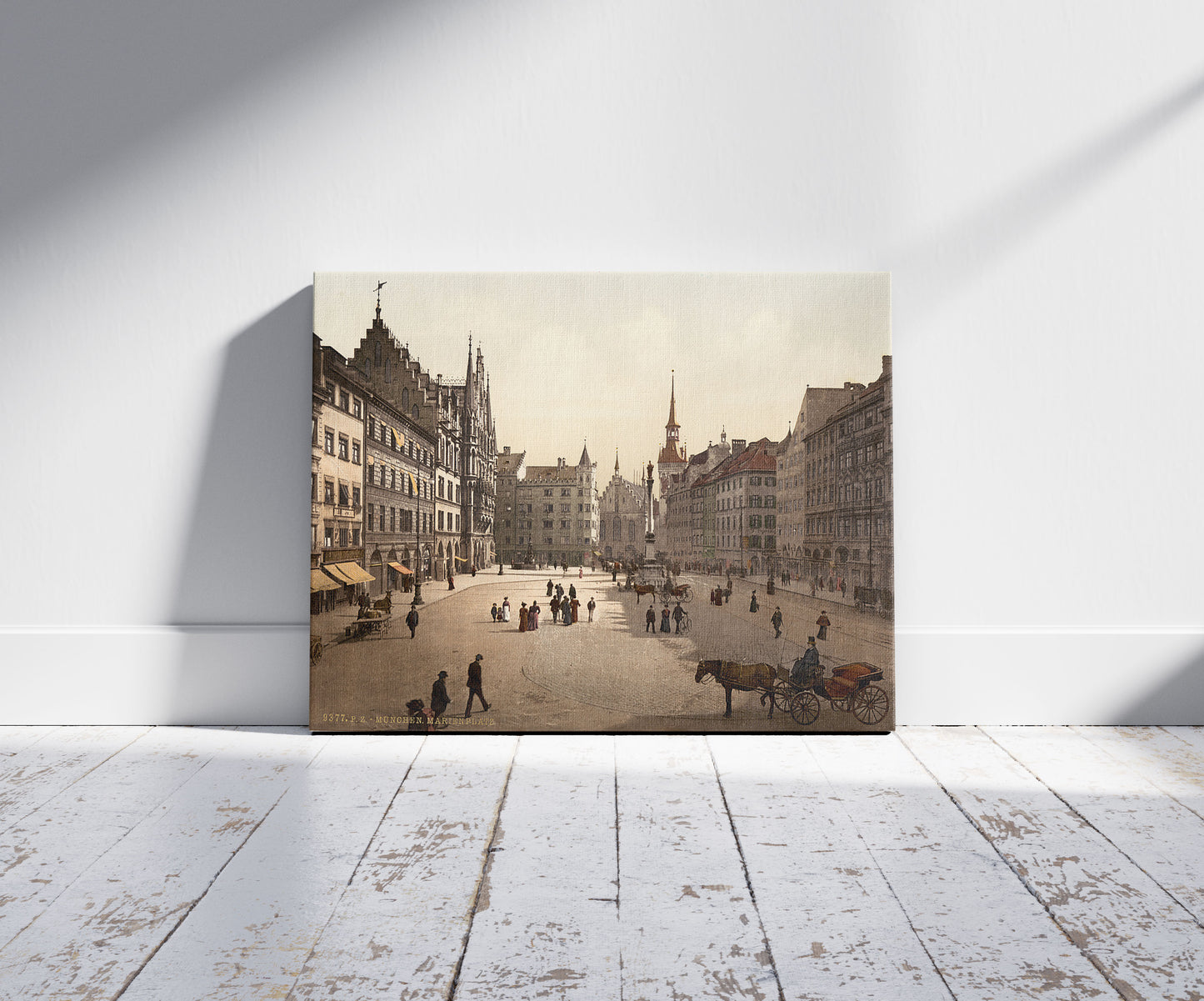 A picture of Marienplatz, Munich, Bavaria, Germany, a mockup of the print leaning against a wall