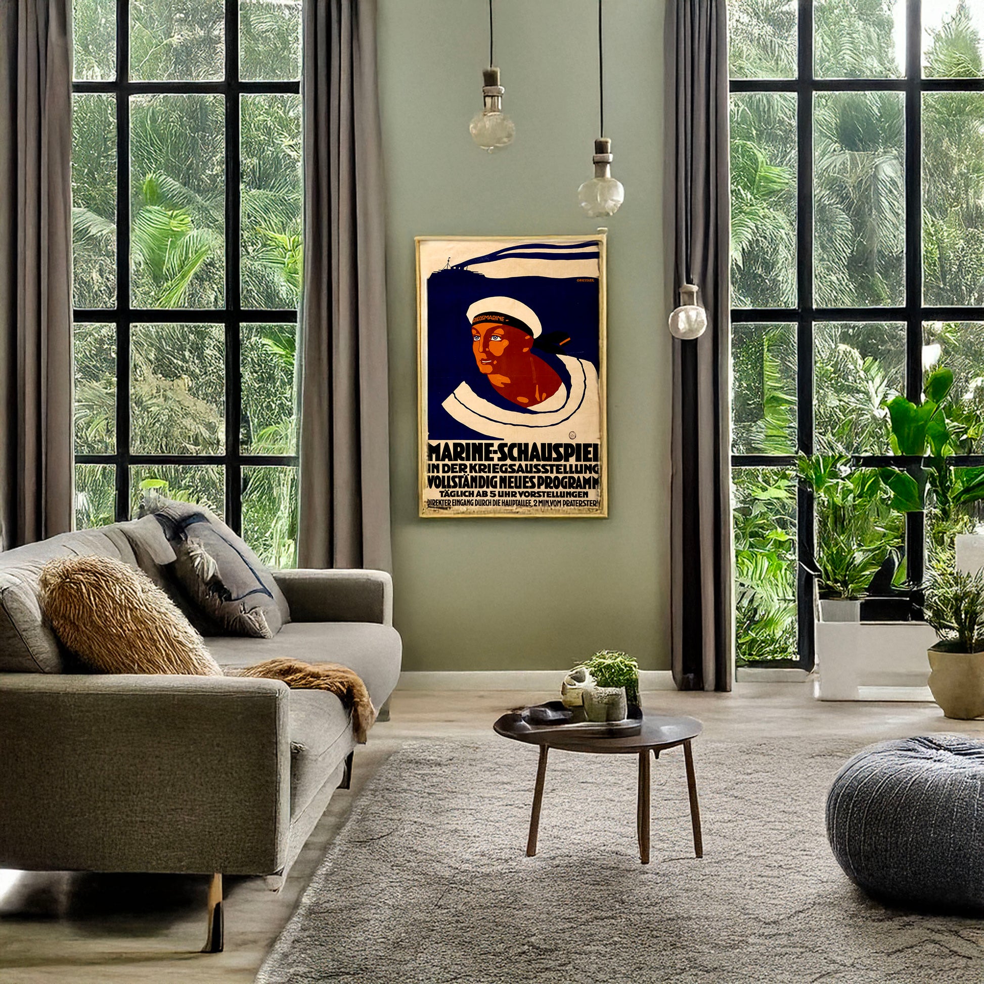A picture of Marine-schauspiel in der Kriegsausstellung ..., a mockup of the print leaning against a wall