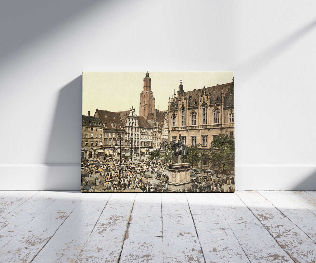 A picture of Market place, Breslau, Silesia, Germany (i.e., Wrocław, Poland), a mockup of the print leaning against a wall