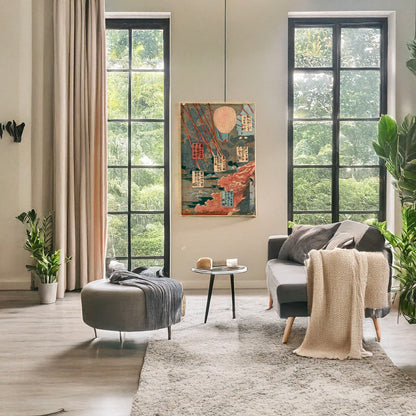 A picture of Masse zu, a mockup of the print leaning against a wall