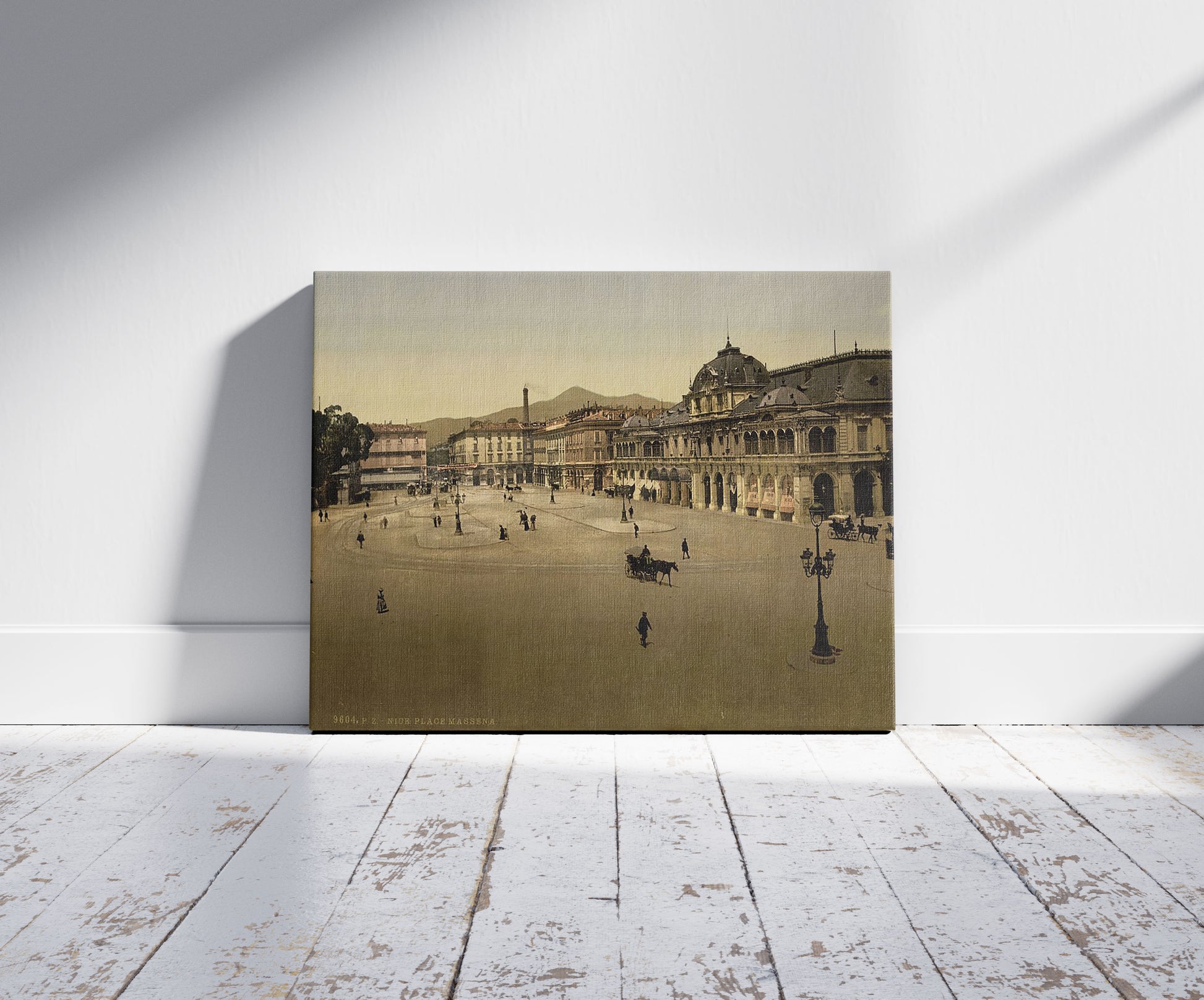 A picture of Massena Place, Nice, Riviera, a mockup of the print leaning against a wall