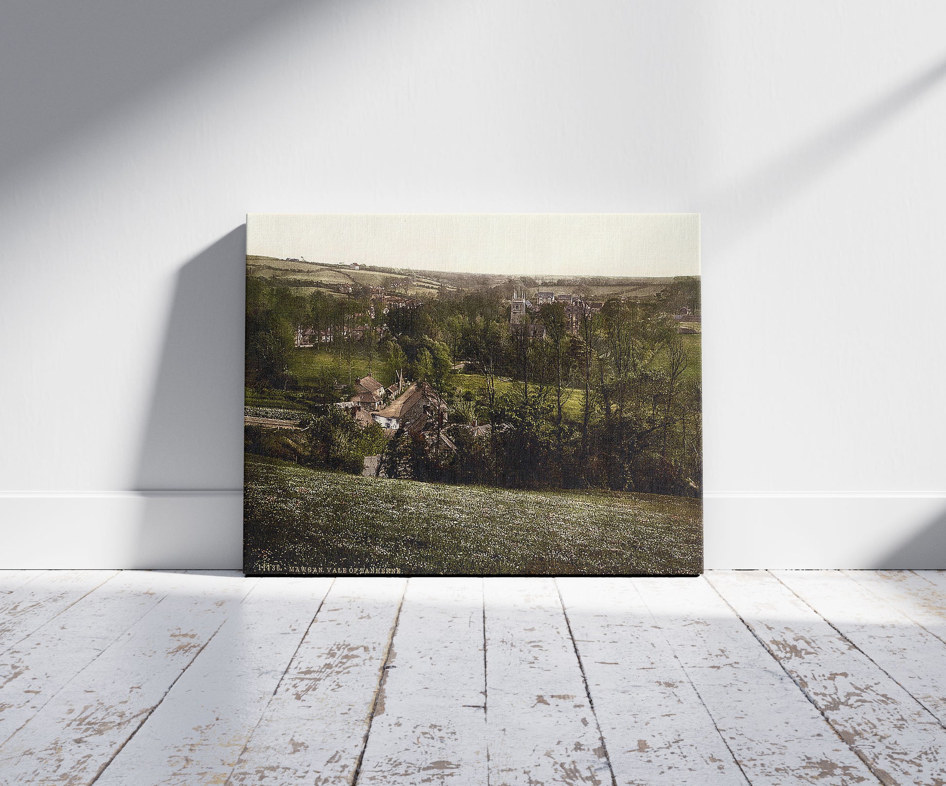 A picture of Mawgan, Vale of Lanherne, Cornwall, England, a mockup of the print leaning against a wall