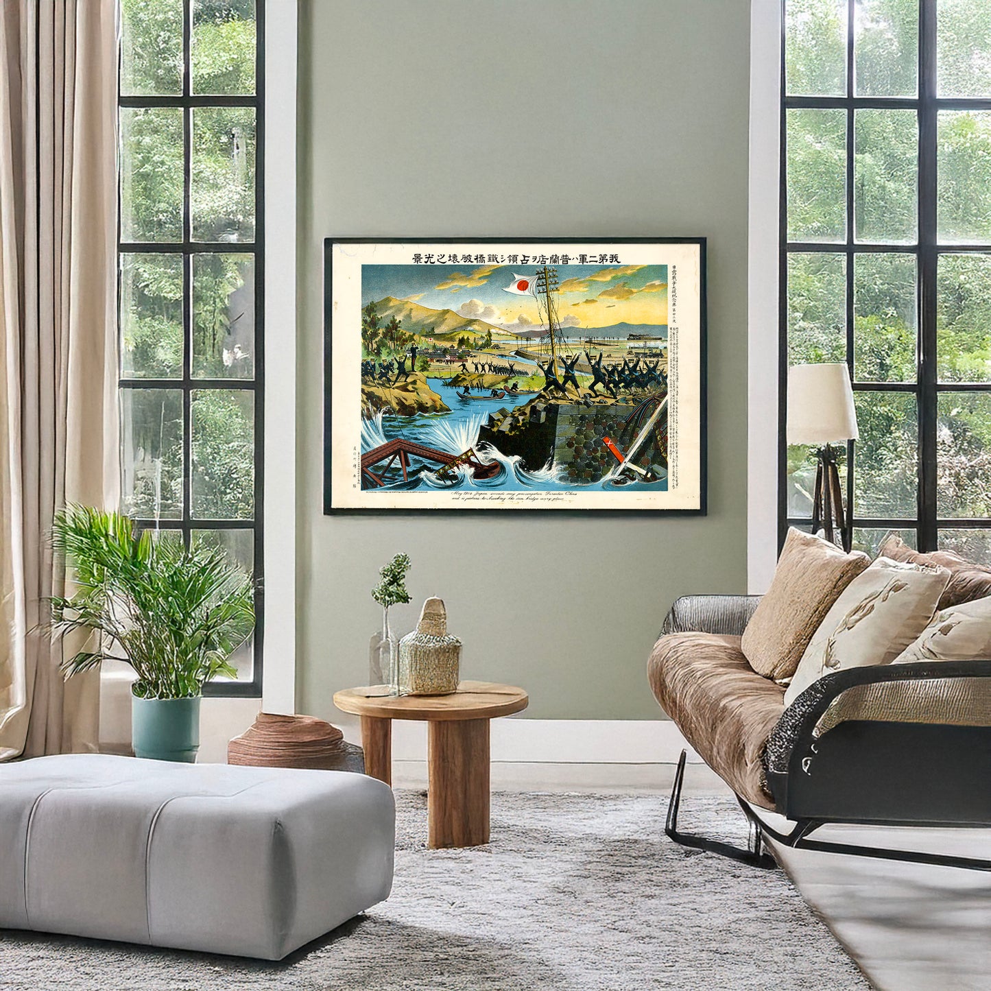A picture of May 1904 Japan seconds army preoccupation Furanten, China, and is picture to breaking the iron bridge every place, a mockup of the print leaning against a wall