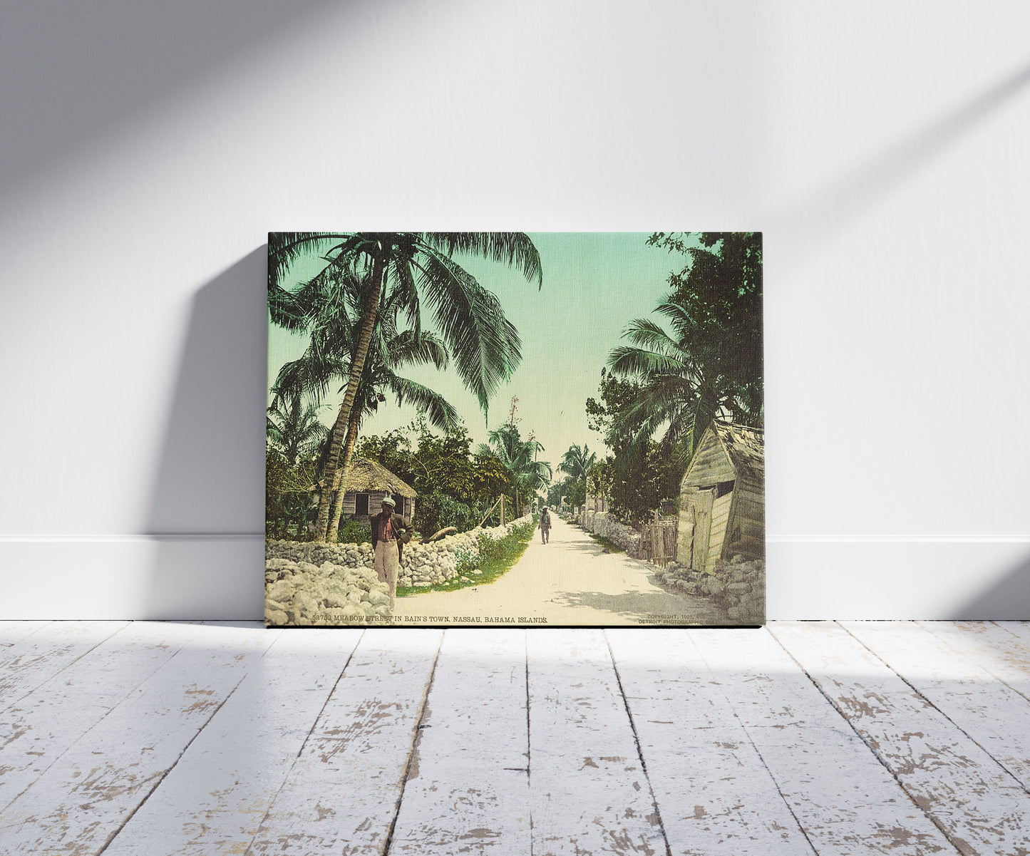 A picture of Meadow Street in Bain's Town, Nassau, Bahama Islands, a mockup of the print leaning against a wall