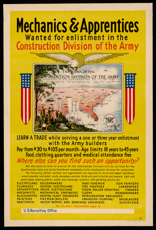 A picture of Mechanics & apprentices wanted for enlistment in the Construction Division of the Army