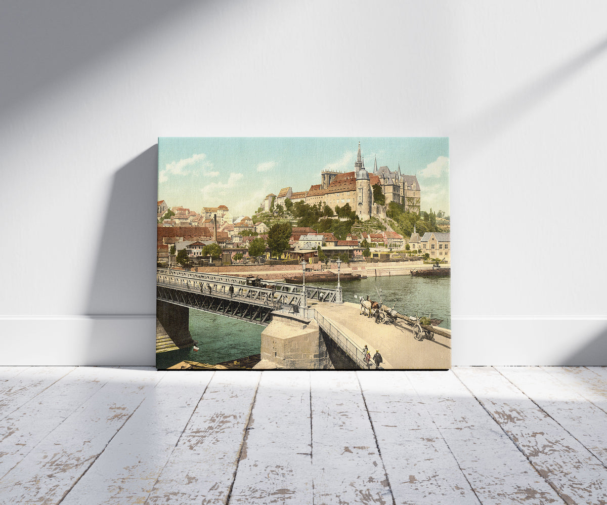A picture of Meissen, towards the Albrechtsburg, Saxony, Germany, a mockup of the print leaning against a wall