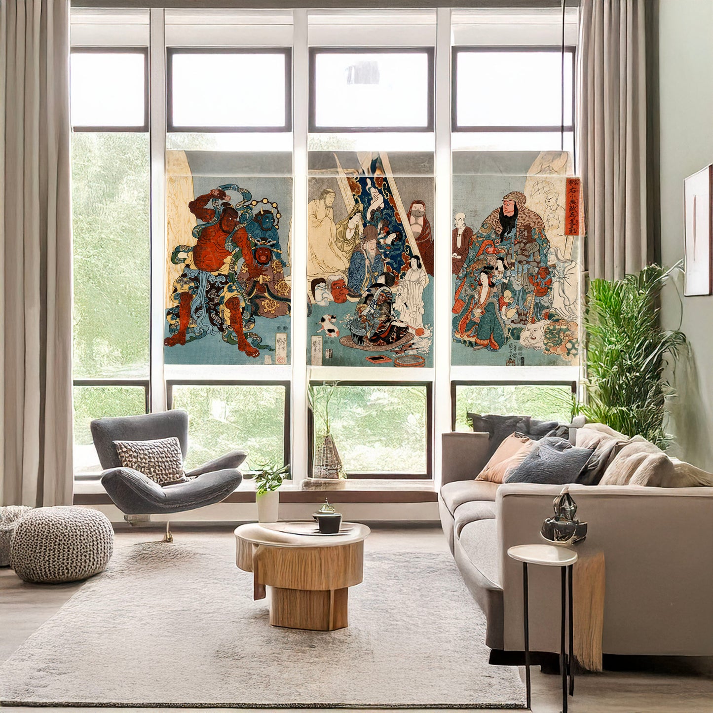 A picture of Meiyo migi ni tekinashi hidarijingorō, a mockup of the print leaning against a wall