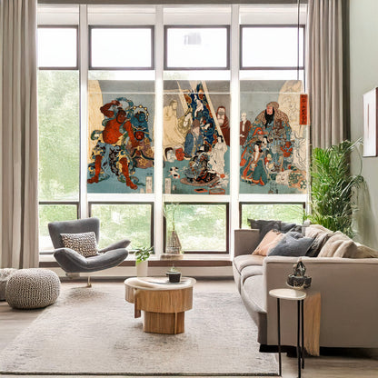 A picture of Meiyo migi ni tekinashi hidarijingorō, a mockup of the print leaning against a wall