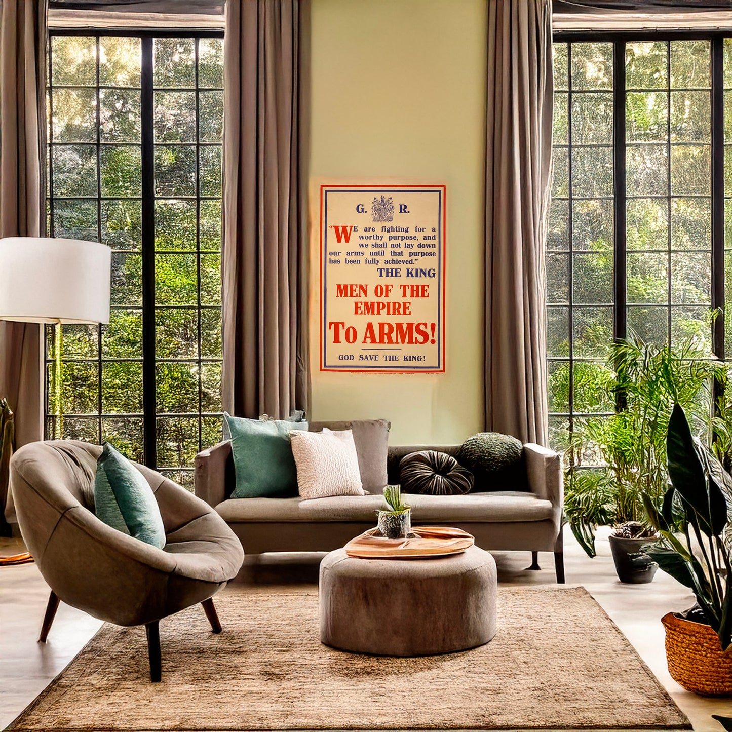 A picture of Men of the empire to arms! God save the king!, a mockup of the print leaning against a wall