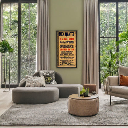 A picture of Men wanted for U.S. Coast Guard, a mockup of the print leaning against a wall