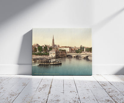 A picture of Middle Bridge, Metz, Alsace Lorraine, Germany, a mockup of the print leaning against a wall