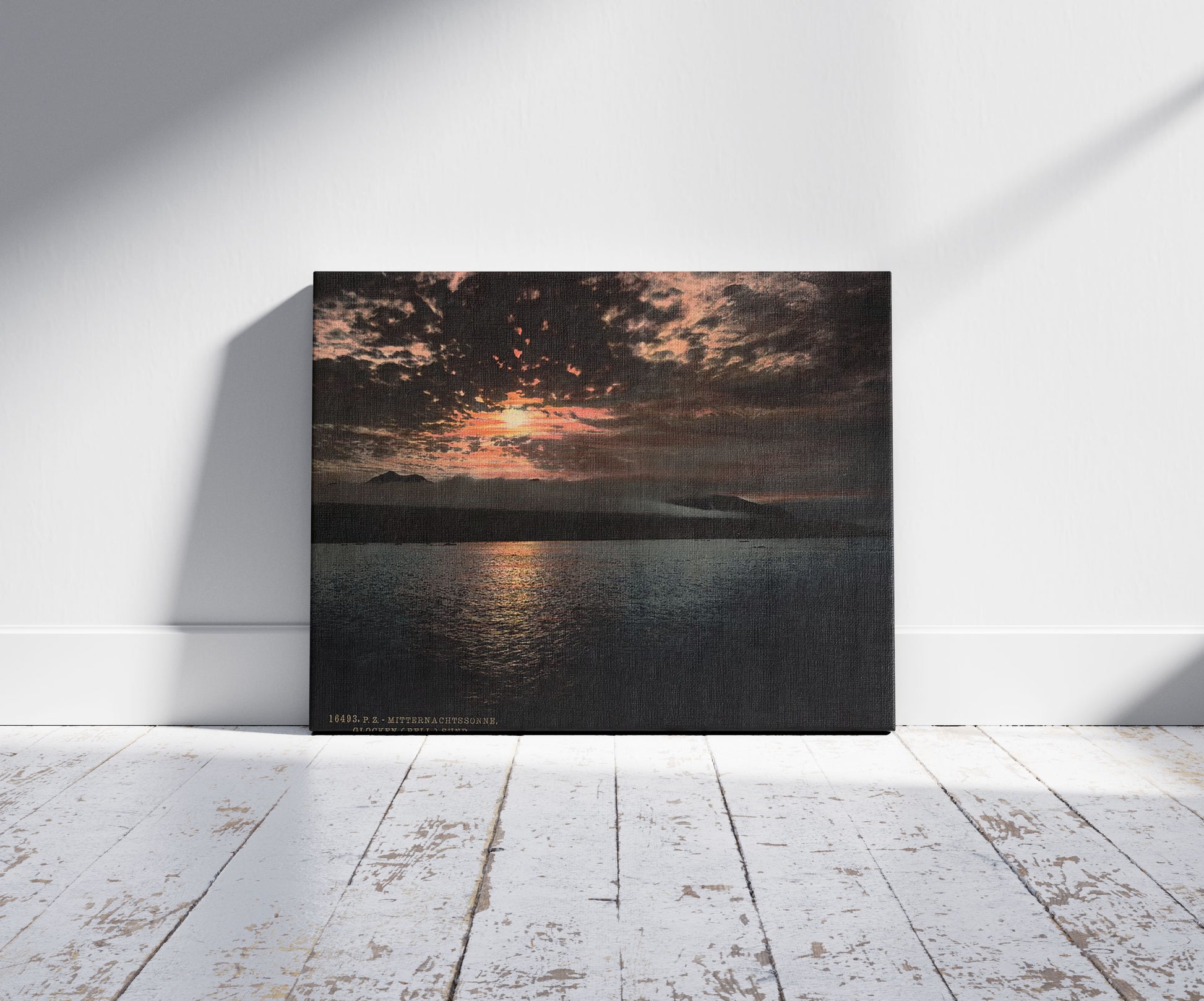 A picture of Midnight sun, Bell Sound, Norway, a mockup of the print leaning against a wall