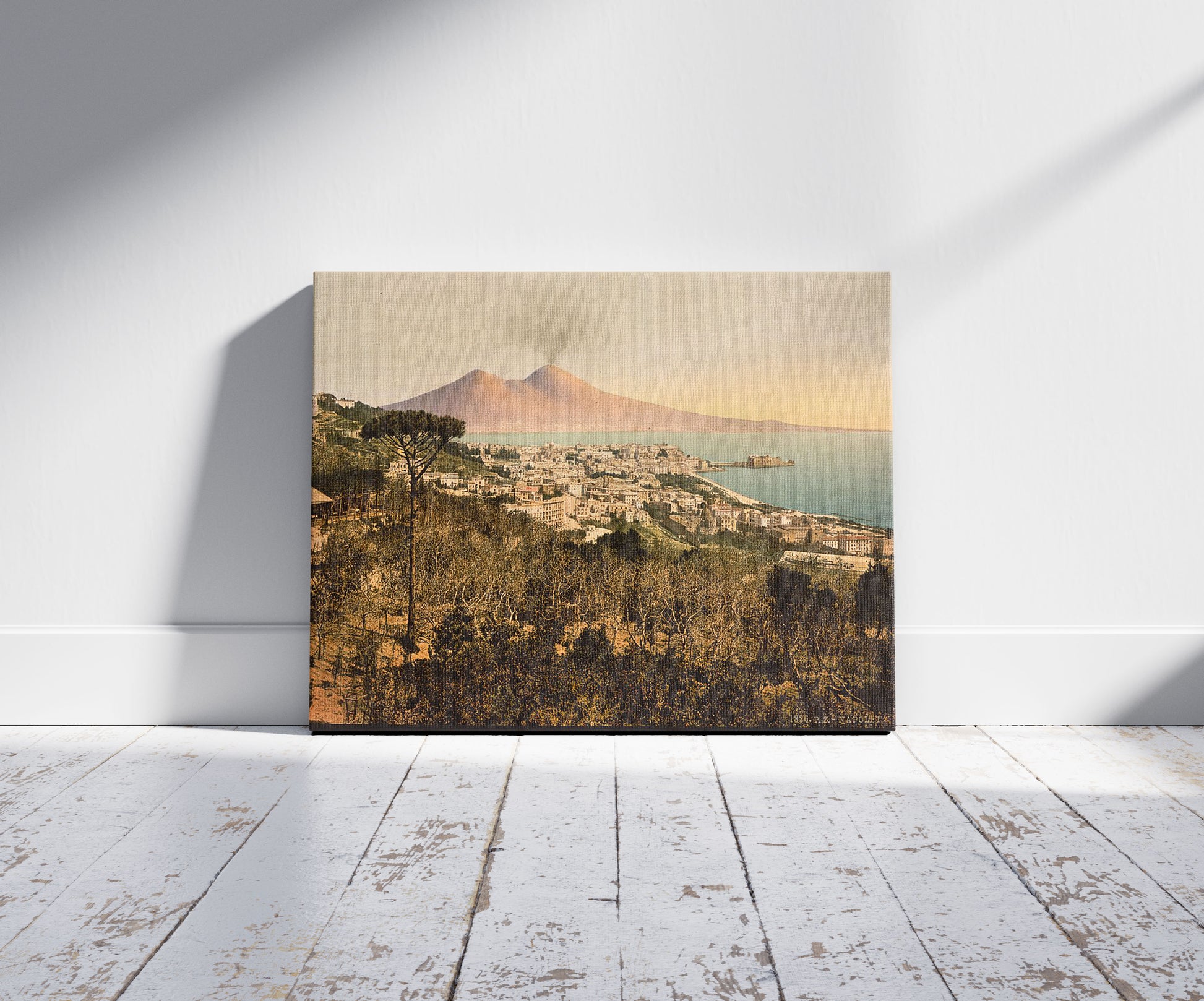 A picture of Milan (i.e. Naples) and Mount Vesuvius I, Italy, a mockup of the print leaning against a wall