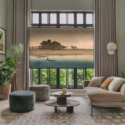 A picture of Mimeguri yakei, a mockup of the print leaning against a wall
