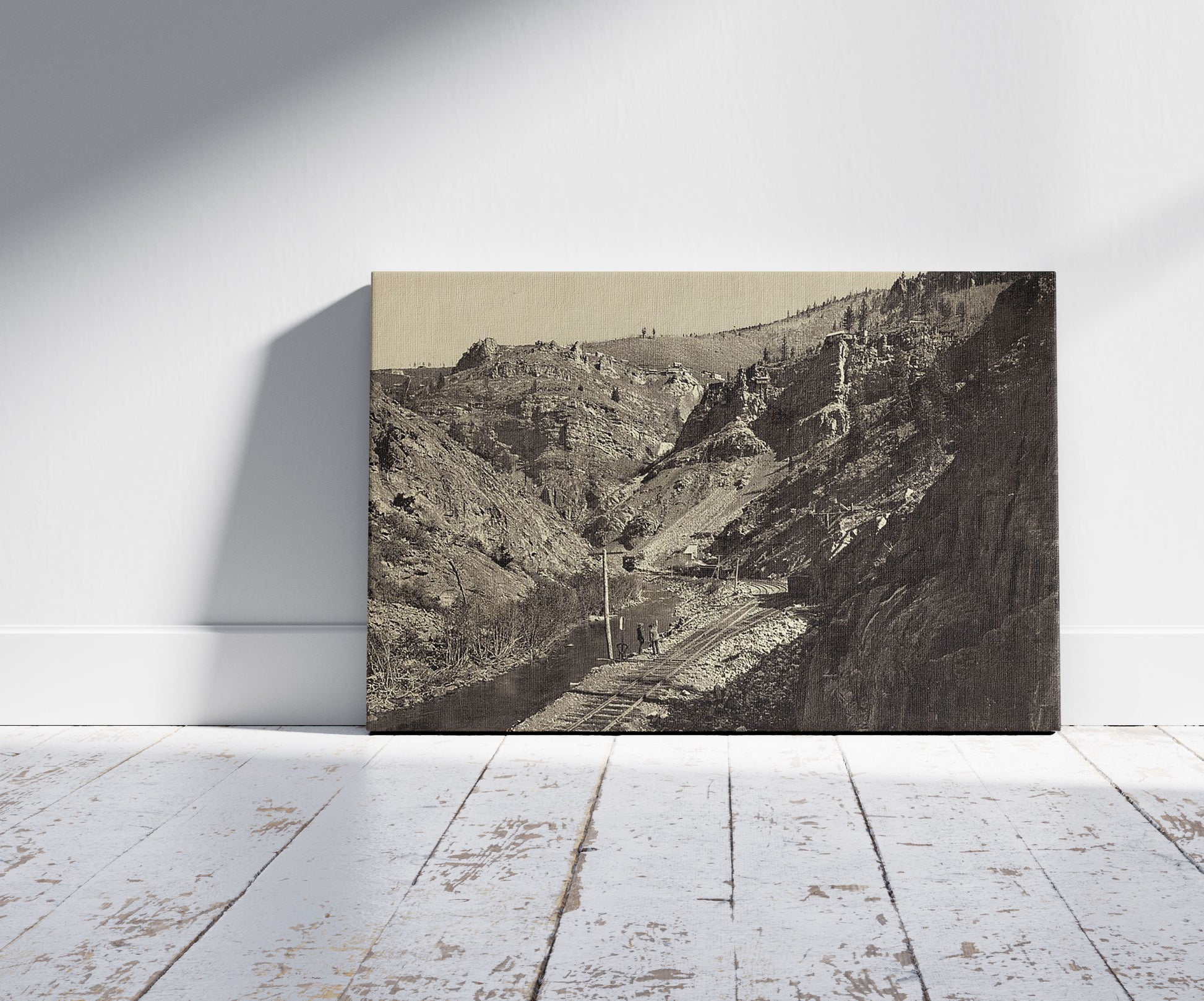 A picture of Mines in Eagle River Canon Cañon, a mockup of the print leaning against a wall