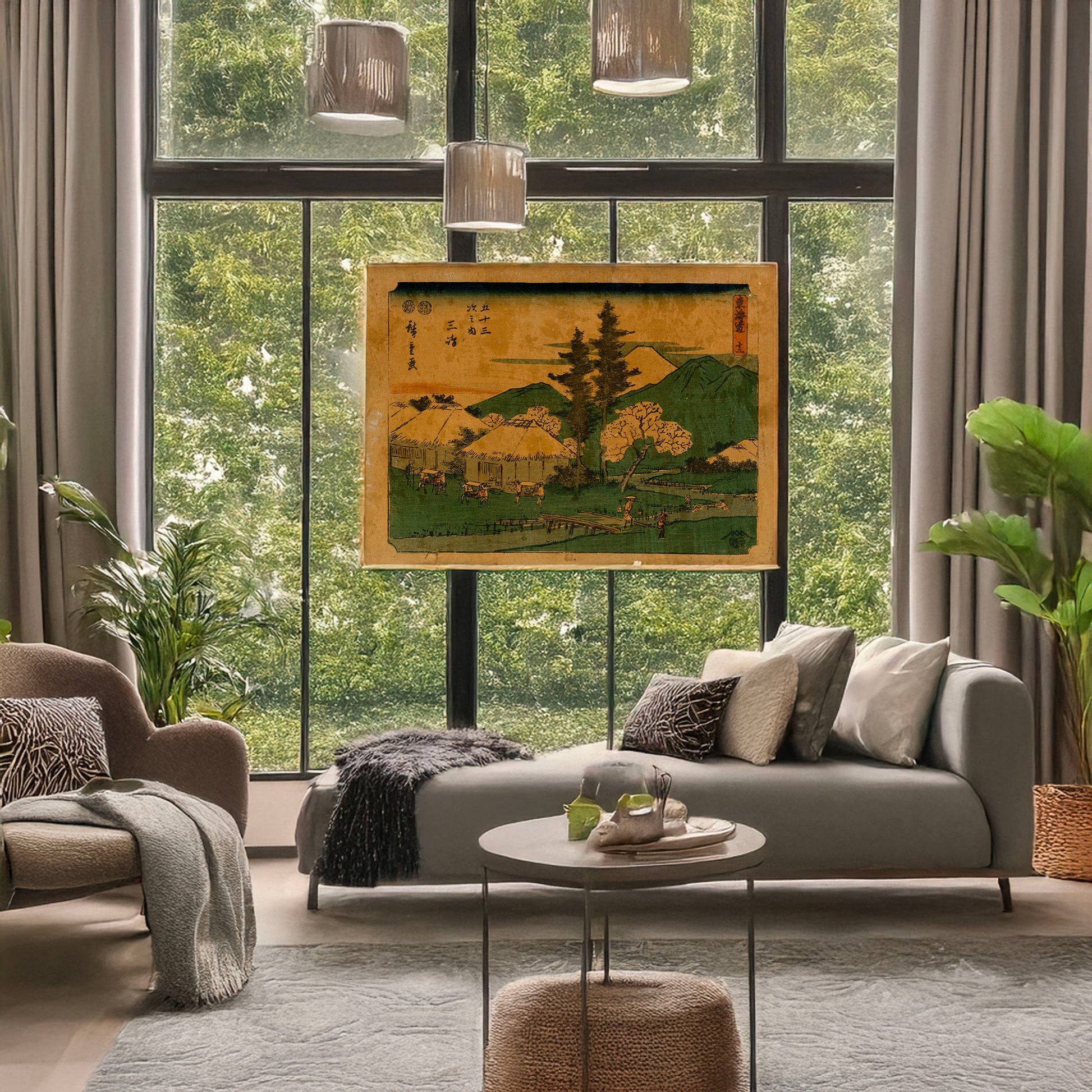 A picture of Mishima, a mockup of the print leaning against a wall