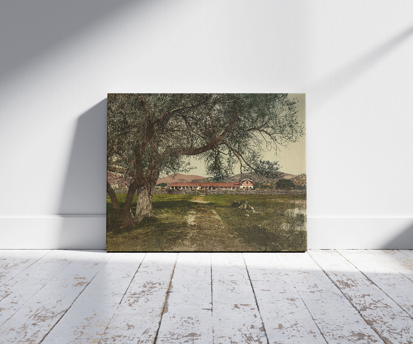 A picture of Mission San Antonio, general view, a mockup of the print leaning against a wall