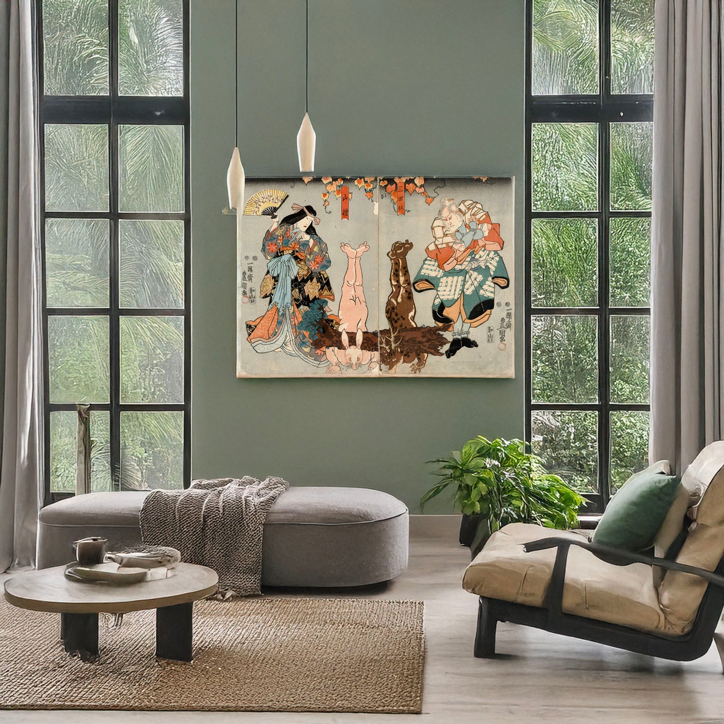 A picture of Mitanoshi to Yamauba, a mockup of the print leaning against a wall