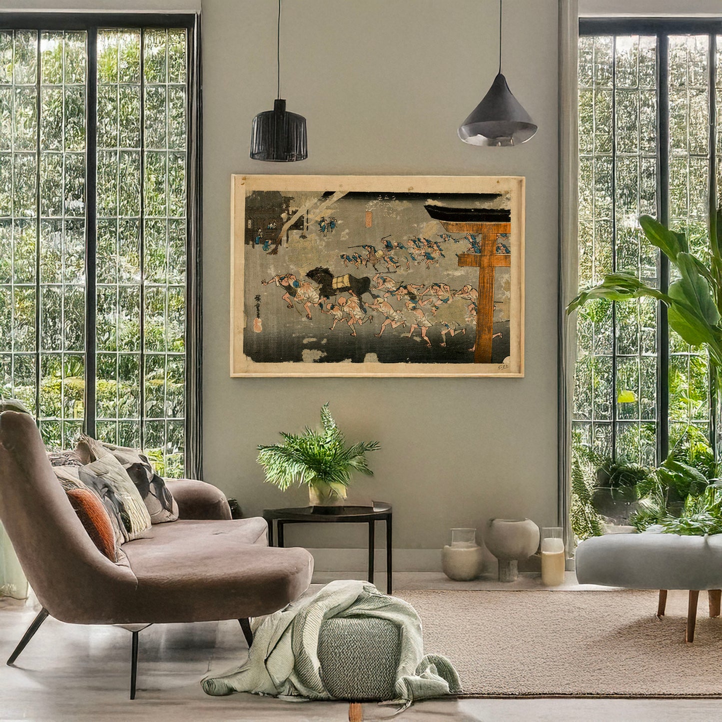 A picture of Miya, a mockup of the print leaning against a wall