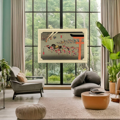 A picture of Miya, a mockup of the print leaning against a wall