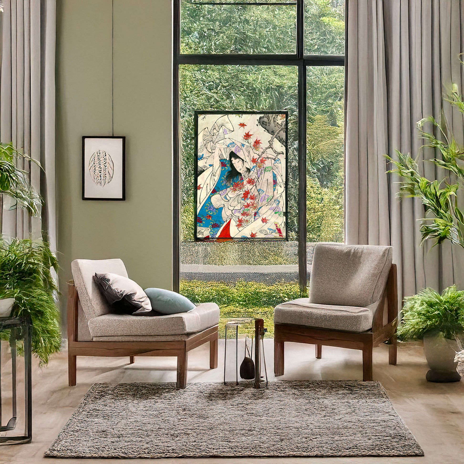 A picture of Momijigari, a mockup of the print leaning against a wall