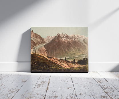 A picture of Mont Blanc, the chain from La Flégère, Chamonix Valley, France, a mockup of the print leaning against a wall