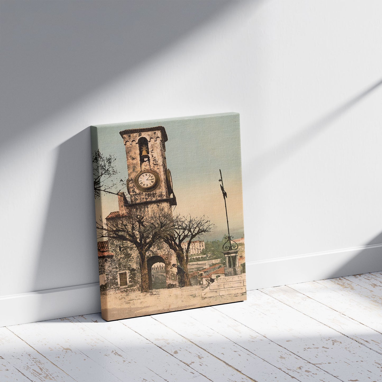 A picture of "Mont Chevalier," the tower and calvary, Cannes, Riviera, a mockup of the print leaning against a wall