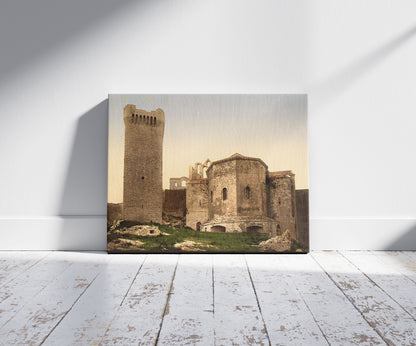 A picture of Mont Majour Abbey (i.e., Abbaye de Montmajour), Orange, Provence, France , a mockup of the print leaning against a wall