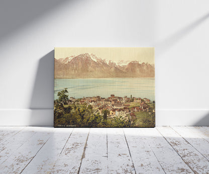 A picture of Montreux, Savoy Mountains, Geneva Lake, Switzerland, a mockup of the print leaning against a wall