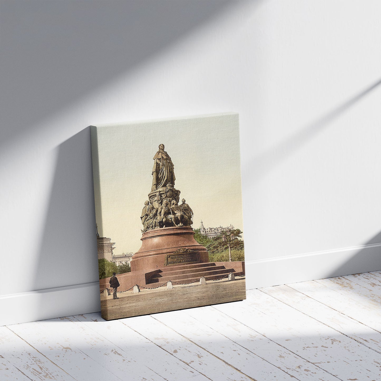 A picture of Monument of Catherine II, St. Petersburg, Russia, a mockup of the print leaning against a wall