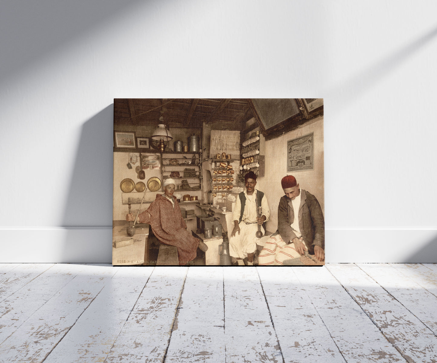 A picture of Moorish coffee house, Algiers, Algeria, a mockup of the print leaning against a wall