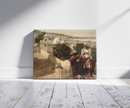 A picture of Moorish woman and child on the terrace, I,  Algiers, Algeria, a mockup of the print leaning against a wall