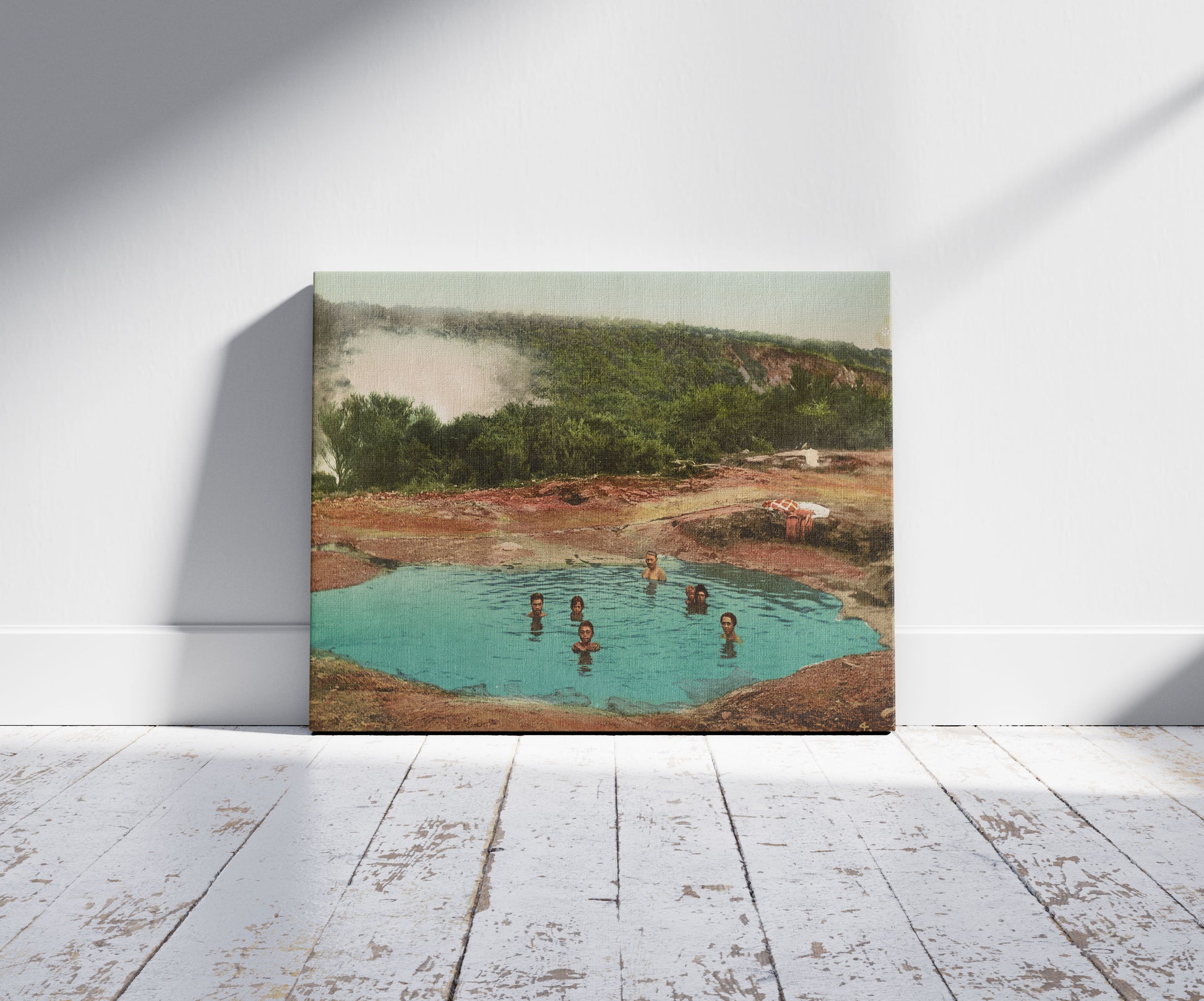 A picture of Morning Bath, Whakarewarewa, a mockup of the print leaning against a wall