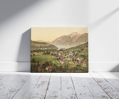 A picture of Morschach and Axenstein, Lake Lucerne, Switzerland, a mockup of the print leaning against a wall