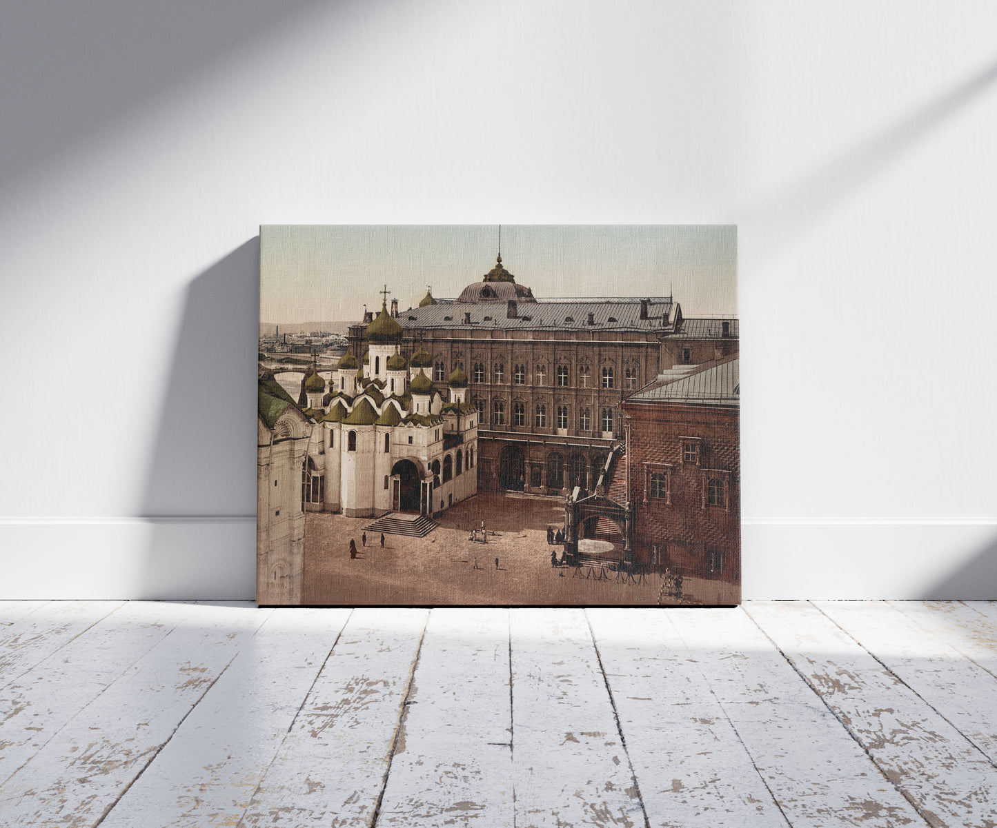 A picture of Moscou. Le Palais dep. la Tour Iwan Weliky, a mockup of the print leaning against a wall