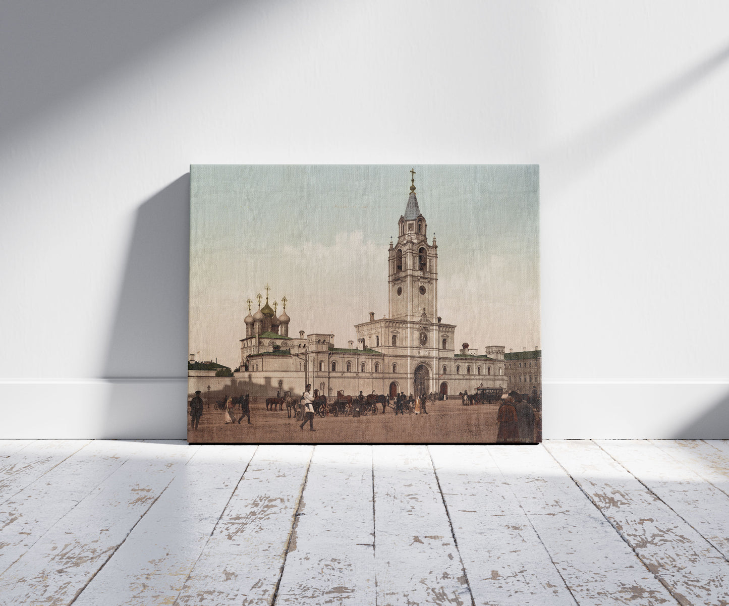 A picture of Moscou. Strasnoi - Monastère, a mockup of the print leaning against a wall