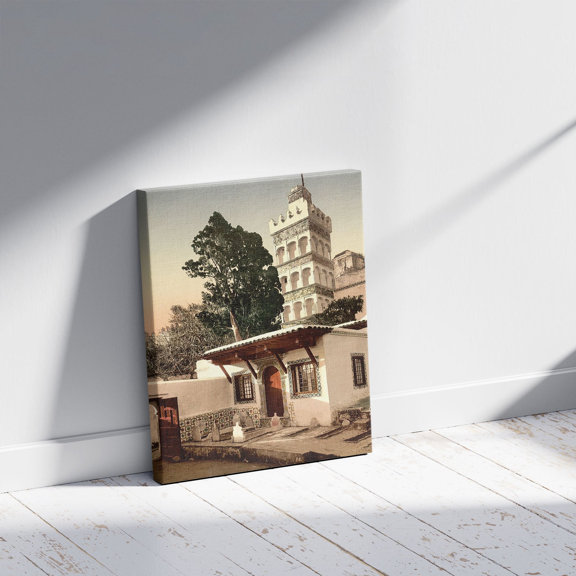 A picture of Mosque of Abder-Rhaman, Algiers, Algeria, a mockup of the print leaning against a wall