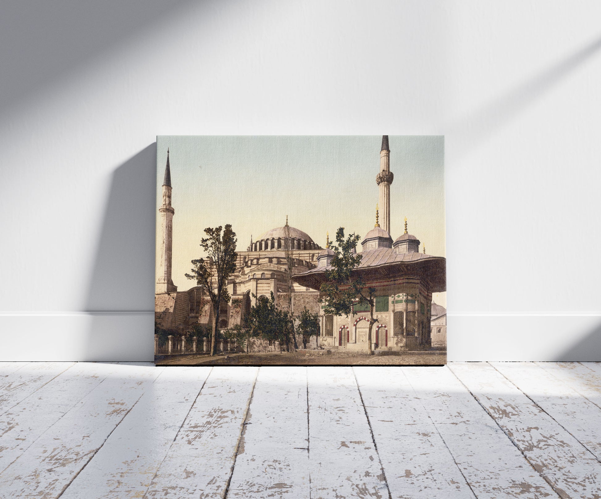 A picture of Mosque of St. Sophia and Ahmed III fountain, Constantinople, Turkey, a mockup of the print leaning against a wall