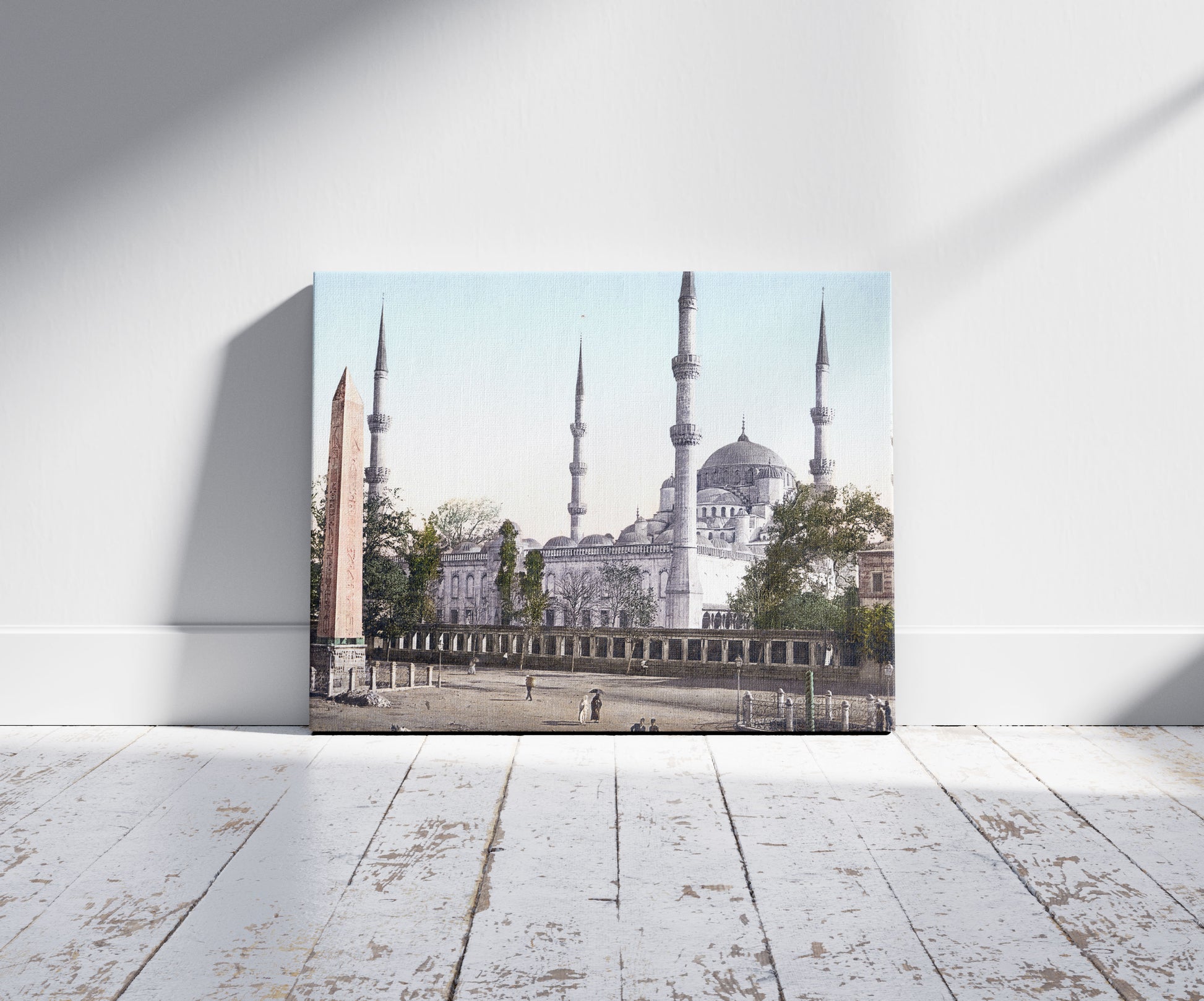 A picture of Mosque of Sultan Ahmet I, Istanbul, Turkey, a mockup of the print leaning against a wall