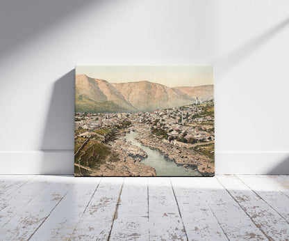 A picture of Mostar, general view, Herzegowina, Austro-Hungary, a mockup of the print leaning against a wall