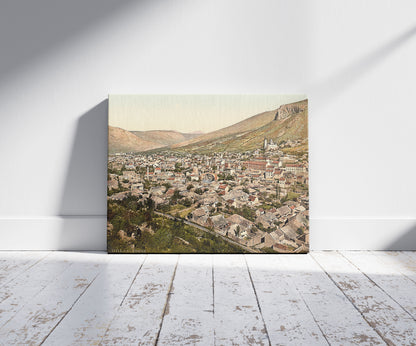 A picture of Mostar, general view, Herzegowina, Austro-Hungary, a mockup of the print leaning against a wall