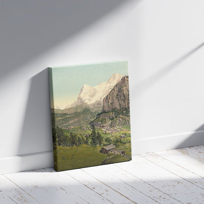 A picture of Mount Eiger and Monch, Mürren, Bernese Oberland, Switzerland, a mockup of the print leaning against a wall