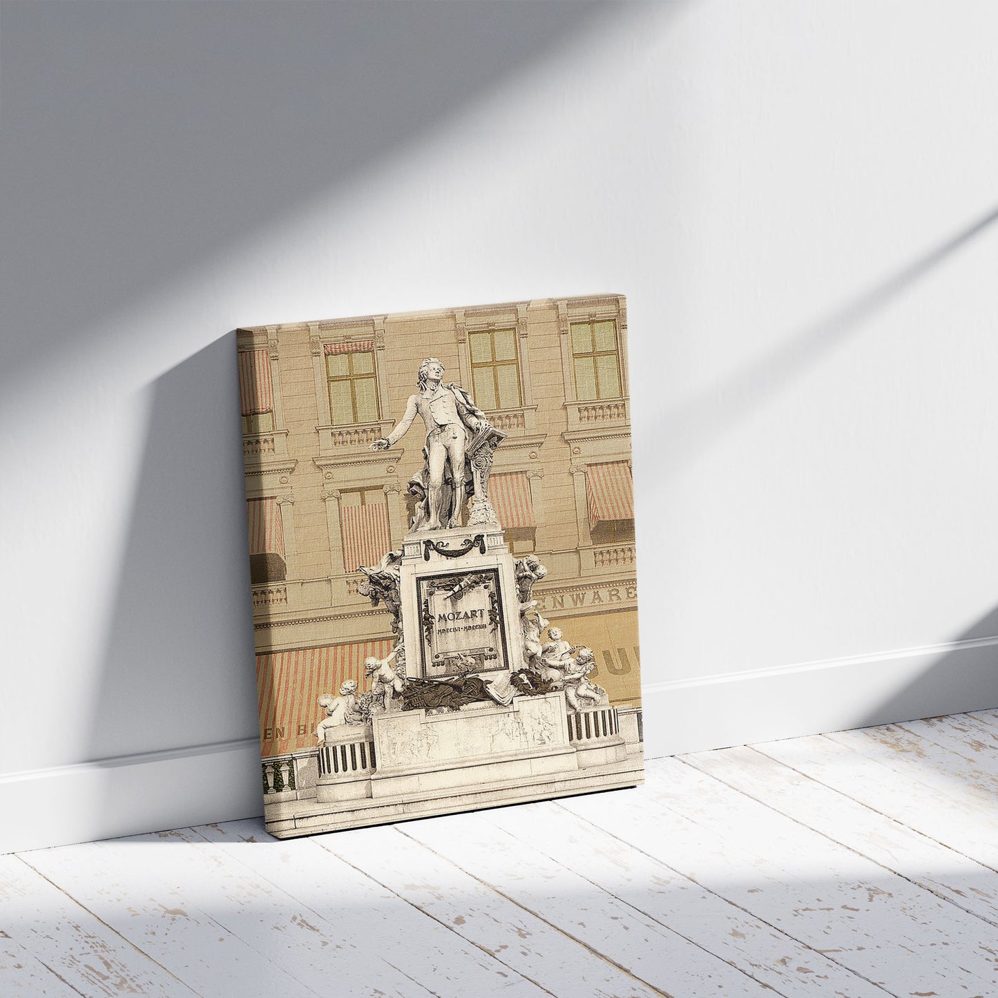 A picture of Mozart Monument, Vienna, Austro-Hungary, a mockup of the print leaning against a wall